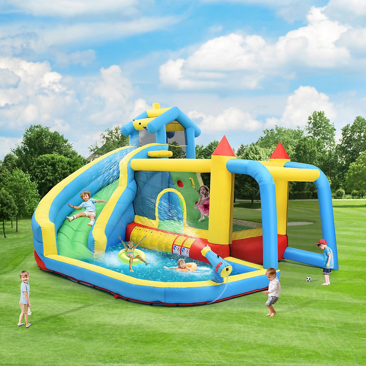 Inflatable Castle - 5 in 1 Inflatable Games Areas with Toboggan, Swimming Pool and Jumping Areas, Oxford Fabric, Multicolor
