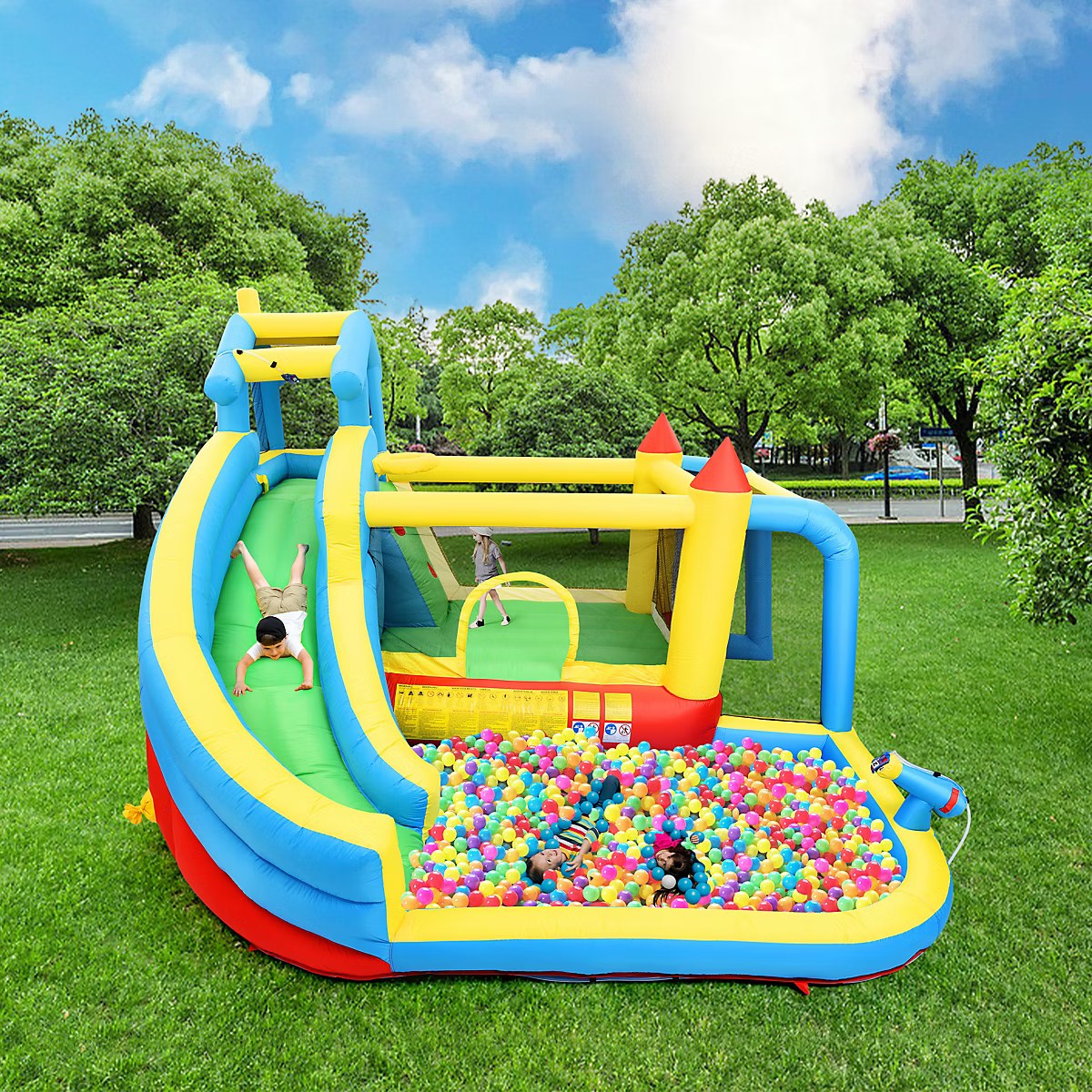 Inflatable Castle - 5 in 1 Inflatable Games Areas with Toboggan, Swimming Pool and Jumping Areas, Oxford Fabric, Multicolor - Image 2