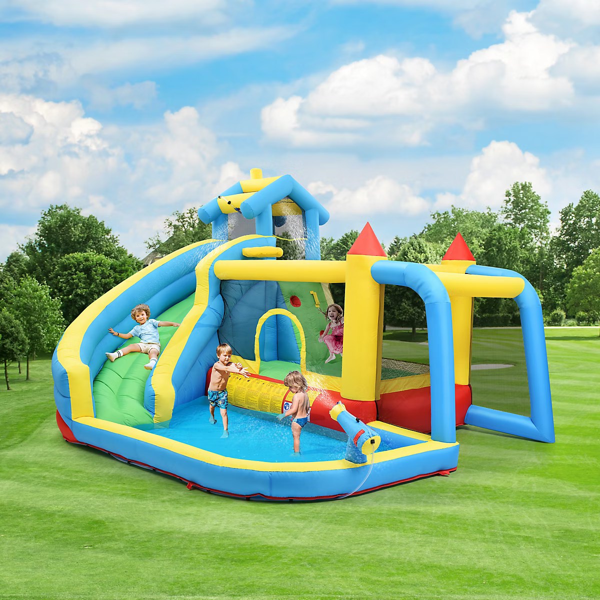 Inflatable Castle - 5 in 1 Inflatable Games Areas with Toboggan, Swimming Pool and Jumping Areas, Oxford Fabric, Multicolor - Image 3
