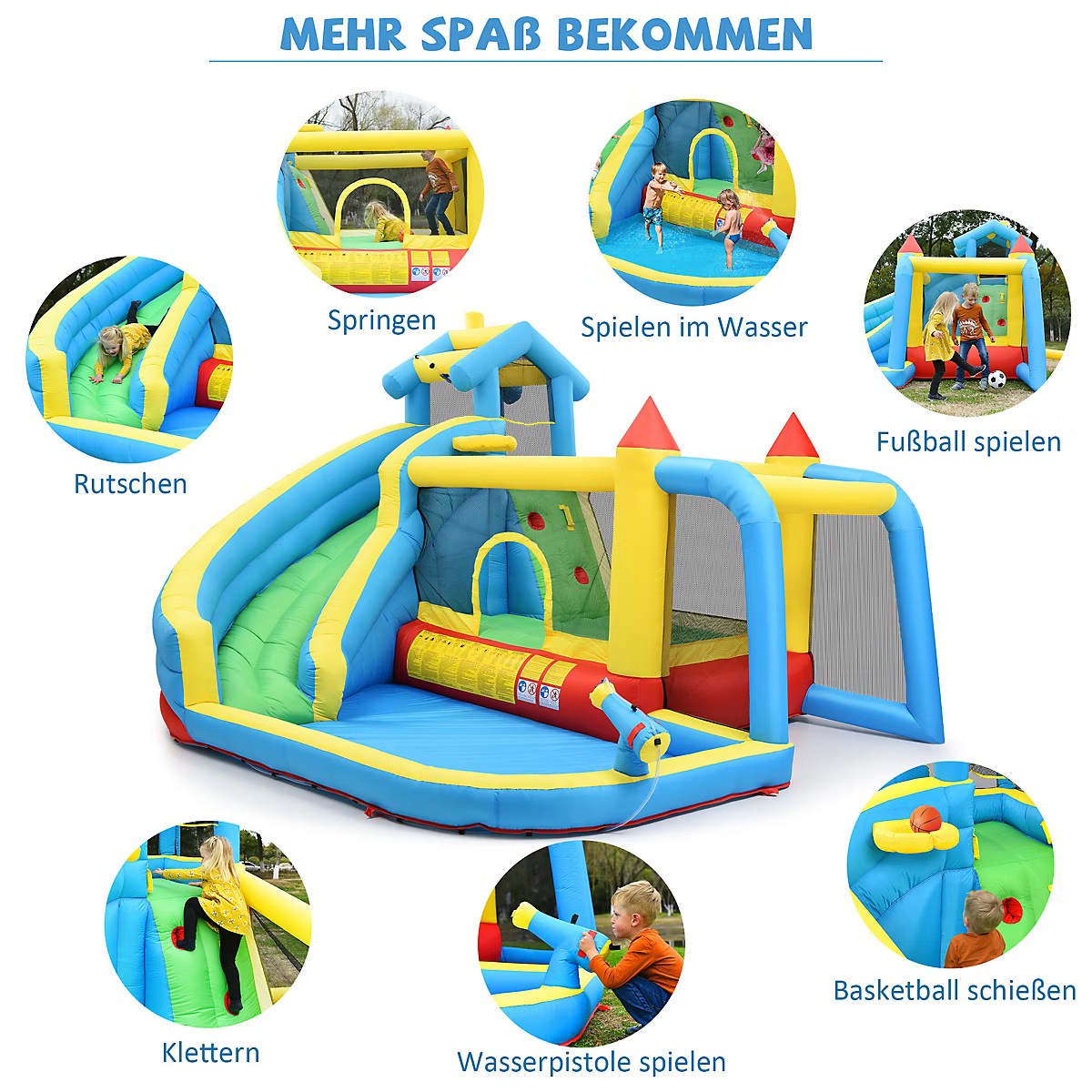 Inflatable Castle - 5 in 1 Inflatable Games Areas with Toboggan, Swimming Pool and Jumping Areas, Oxford Fabric, Multicolor - Image 6