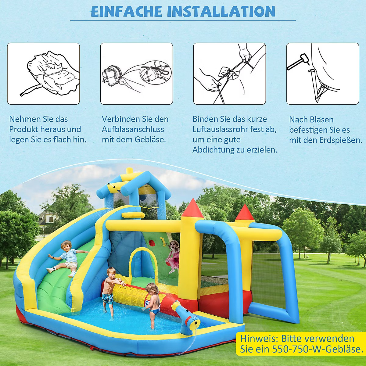 Inflatable Castle - 5 in 1 Inflatable Games Areas with Toboggan, Swimming Pool and Jumping Areas, Oxford Fabric, Multicolor - Image 9